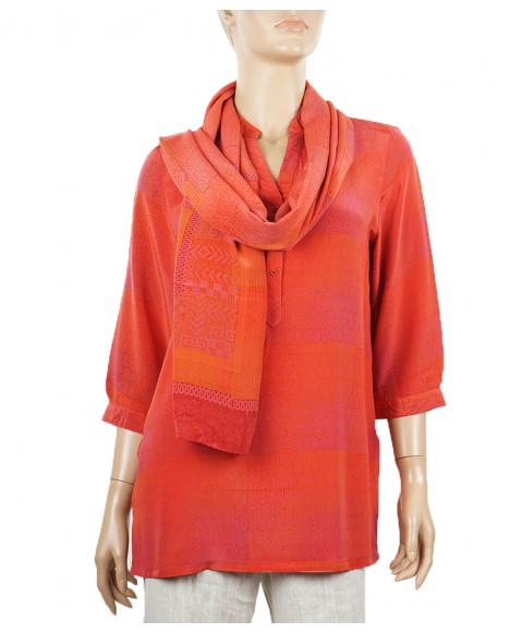 Short Silk Shirt - Bright Orange Patchwork
