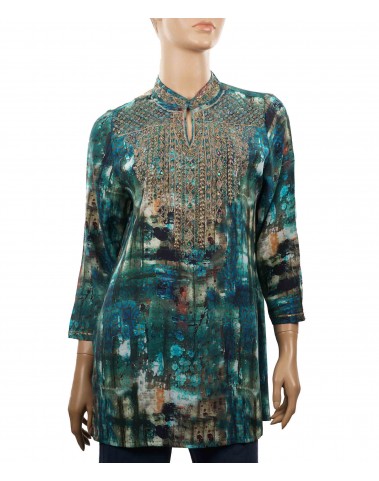 Antique Silk Kurti - Petrol Green Abstract