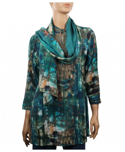 Antique Silk Kurti - Petrol Green Abstract