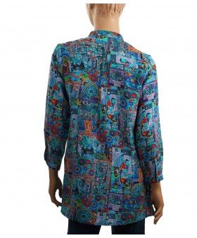 Long Silk Shirt - Turquoise Abstract