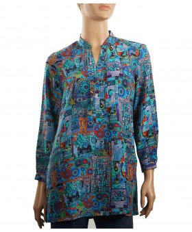 Long Silk Shirt - Turquoise Abstract