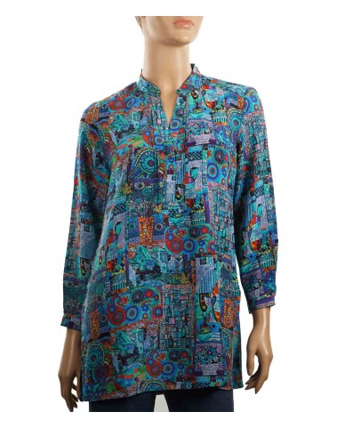 Long Silk Shirt - Turquoise Abstract