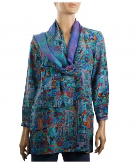 Long Silk Shirt - Turquoise Abstract