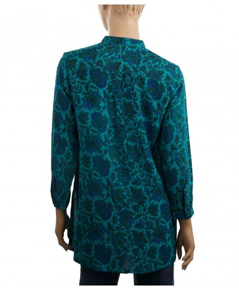 Long Silk Shirt - Green and Blue Flowers