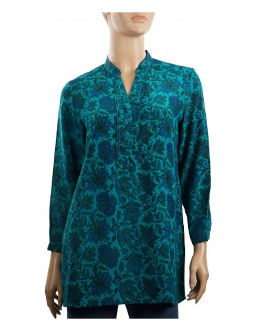 Long Silk Shirt - Green and Blue Flowers