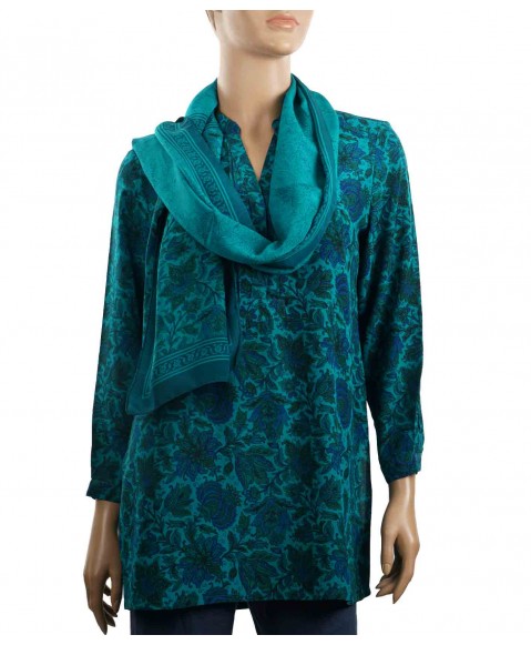 Long Silk Shirt - Green and Blue Flowers