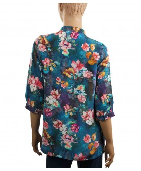 Short Silk Shirt - Peacock Blue Floral Print