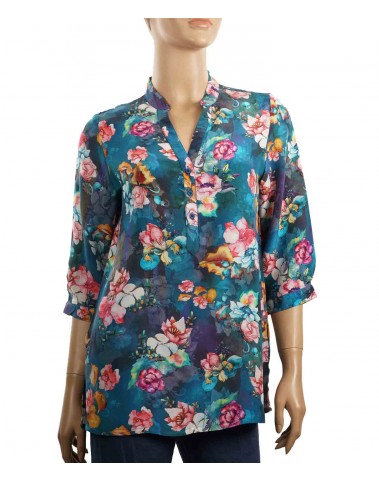 Short Silk Shirt - Peacock Blue Floral Print