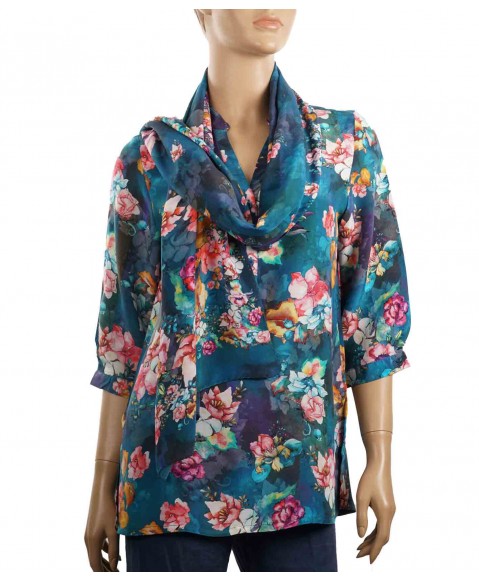 Short Silk Shirt - Peacock Blue Floral Print