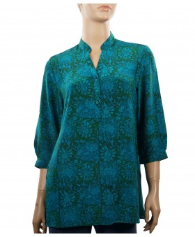 Short Silk Shirt - Green and Blue Patchwork