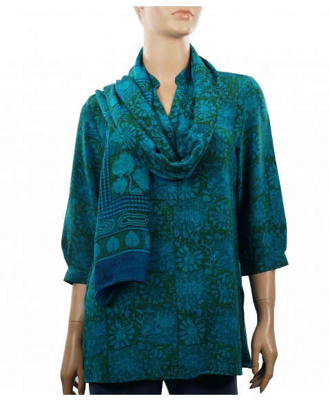 Short Silk Shirt - Green and Blue Patchwork