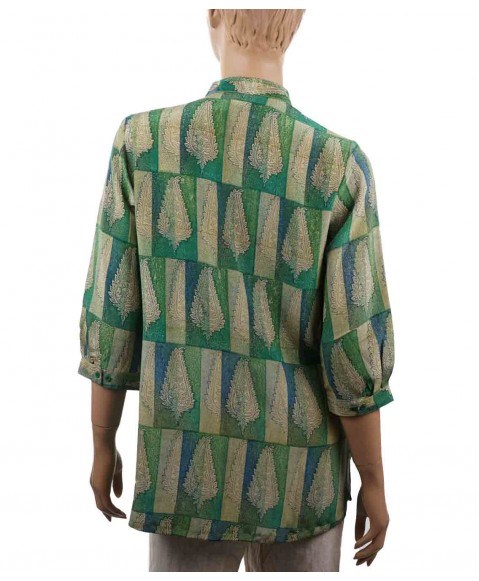 Short Silk Shirt - Green and Beige Patchwork