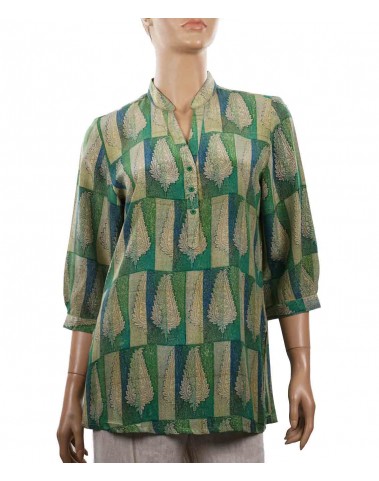 Short Silk Shirt - Green and Beige Patchwork
