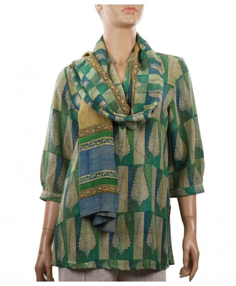 Short Silk Shirt - Green and Beige Patchwork