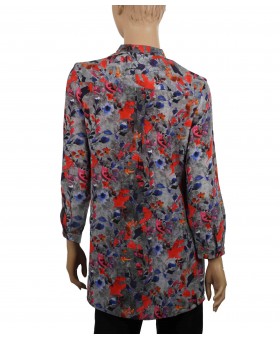 Long Silk Shirt - Grey and Red Floral