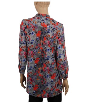 Long Silk Shirt - Grey and Red Floral