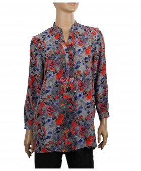 Long Silk Shirt - Grey and Red Floral