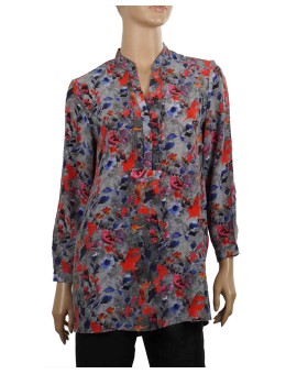 Long Silk Shirt - Grey and Red Floral