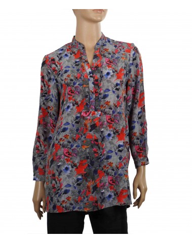 Long Silk Shirt - Grey and Red Floral