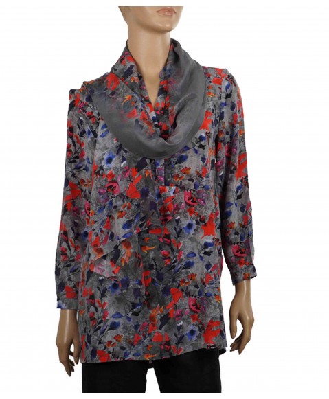 Long Silk Shirt - Grey and Red Floral