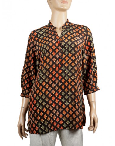 Short Silk Shirt - Orange and Green Diamond Short Silk Shirt - Orange and Green Diamond