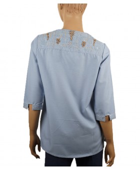 Embroidered Casual Kurti - Dusty Blue Wooden Beads