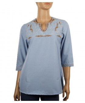 Embroidered Casual Kurti - Dusty Blue Wooden Beads