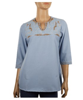 Embroidered Casual Kurti - Dusty Blue Wooden Beads