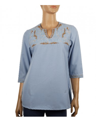 Embroidered Casual Kurti - Dusty Blue Wooden Beads