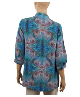 Short Silk Shirt - Peacock Blue Abstract