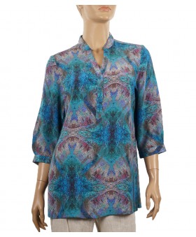 Short Silk Shirt - Peacock Blue Abstract