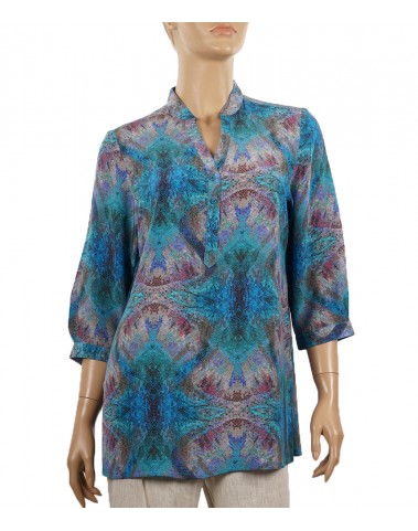 Short Silk Shirt - Peacock Blue Abstract