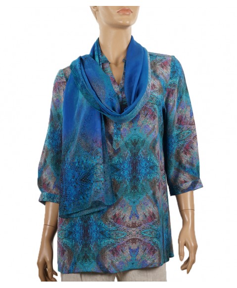 Short Silk Shirt - Peacock Blue Abstract