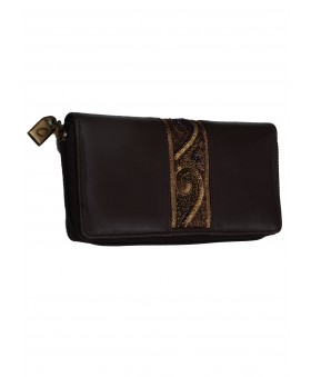 Zip Wallet - Brown and Gold Embroidered