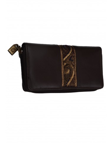 Zip Wallet - Brown and Gold Embroidered
