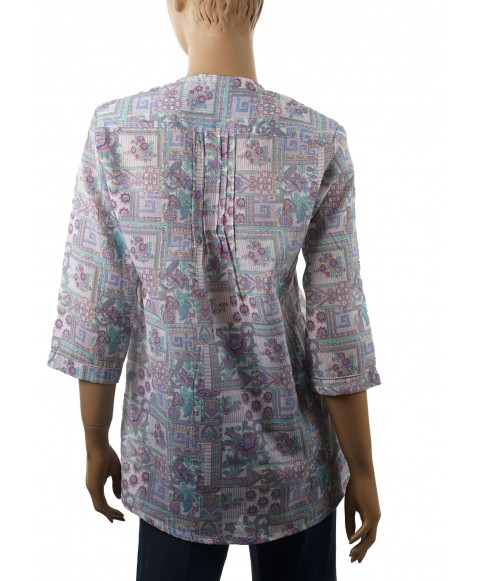 Embroidered Casual Kurti - White and Lilac Print