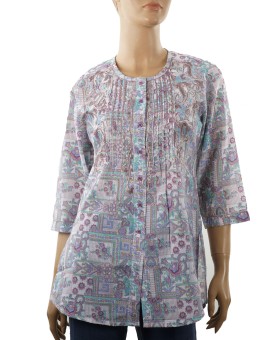 Embroidered Casual Kurti - White and Lilac Print