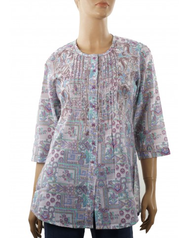 Embroidered Casual Kurti - White and Lilac Print