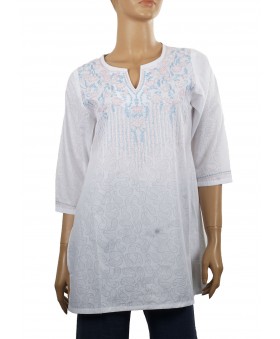 Embroidered Casual Kurti - Pink and Blue Floral Embroidered on White
