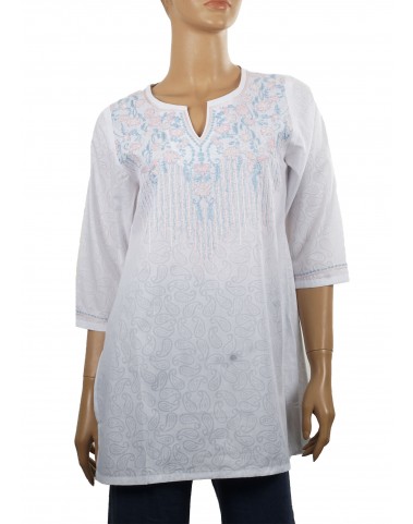 Embroidered Casual Kurti - Pink and Blue Floral Embroidered on White