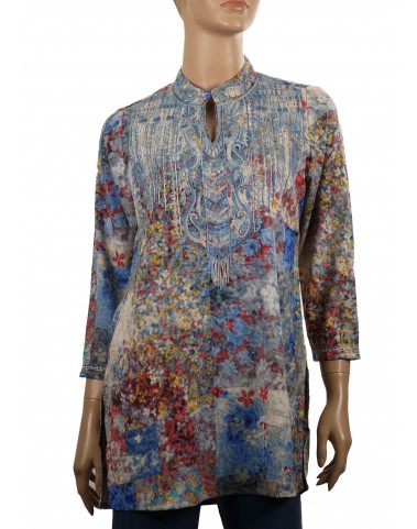Embroidered Casual Kurti - Blue and Beige Embroidered
