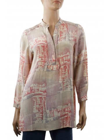Long Silk Shirt - Beige and Onion Pink Block
