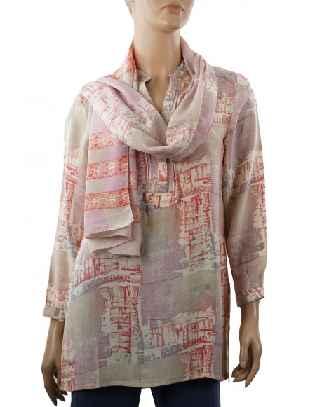 Long Silk Shirt - Beige and Onion Pink Block