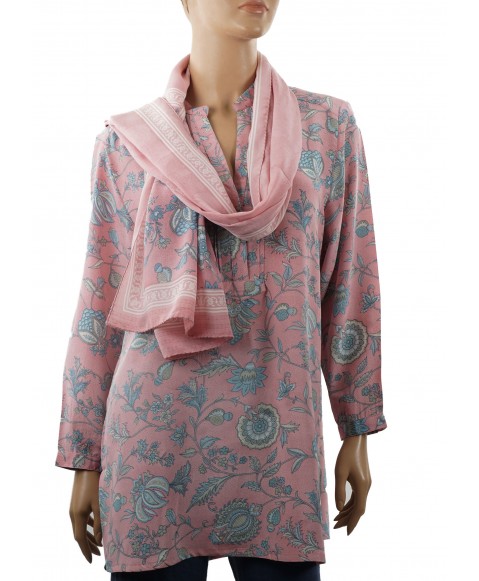 Long Silk Shirt - Pink and Light Blue Floral