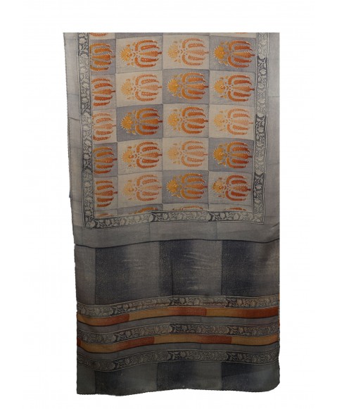 Crepe Silk Scarf - Grey and Beige Block