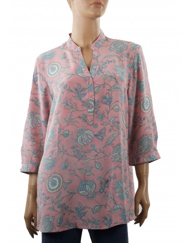 Short Silk Shirt - Pink and Light Blue Floral