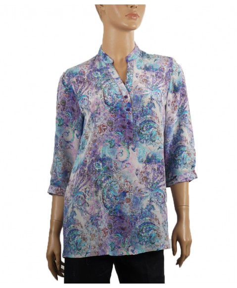 Short Silk Shirt - White And Blue Abstract