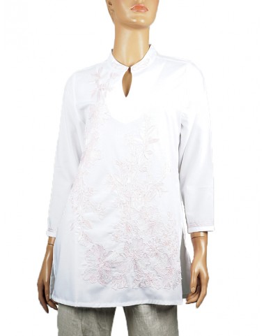 Embroidered Casual Kurti - Pink on White
