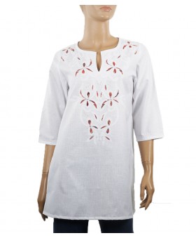 Embroidered Casual Kurti - Red Embroidery on White 