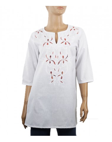 Embroidered Casual Kurti - Red Embroidery on White 